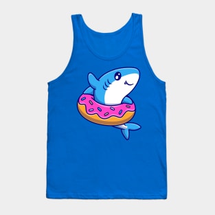 Cute Shark With Doughnut Cartoon Tank Top